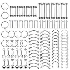 120PCS 316L Surgical Steel Body Piercing Set Nose Septum Ear Cartilage Lip Eyebrow Belly Button Rings