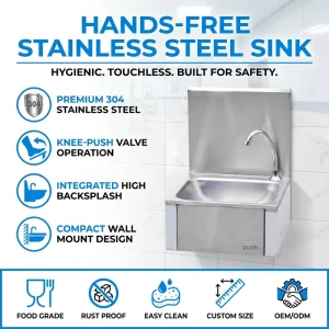 Commercial Wall Mounted Stainless Steel Hand Wash Sink Hands Free Knee Push Valve Station with Faucet for Hospital Restaurant