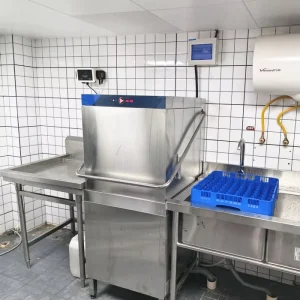 Hood Type Commercial Dishwasher 304 Stainless Steel High Temperature Sterilization 60 40 30 Racks Hour Capacity 1 Year Kitchen