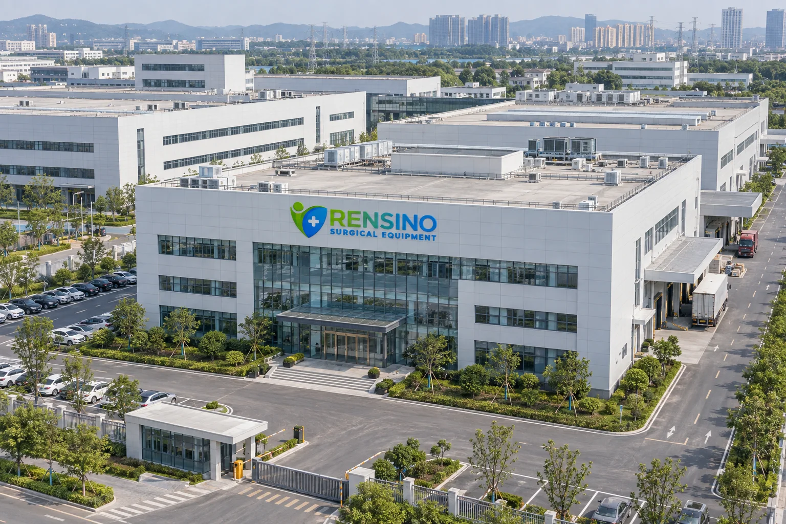 Aerial view of the Rensino surgical equipment manufacturing campus in China