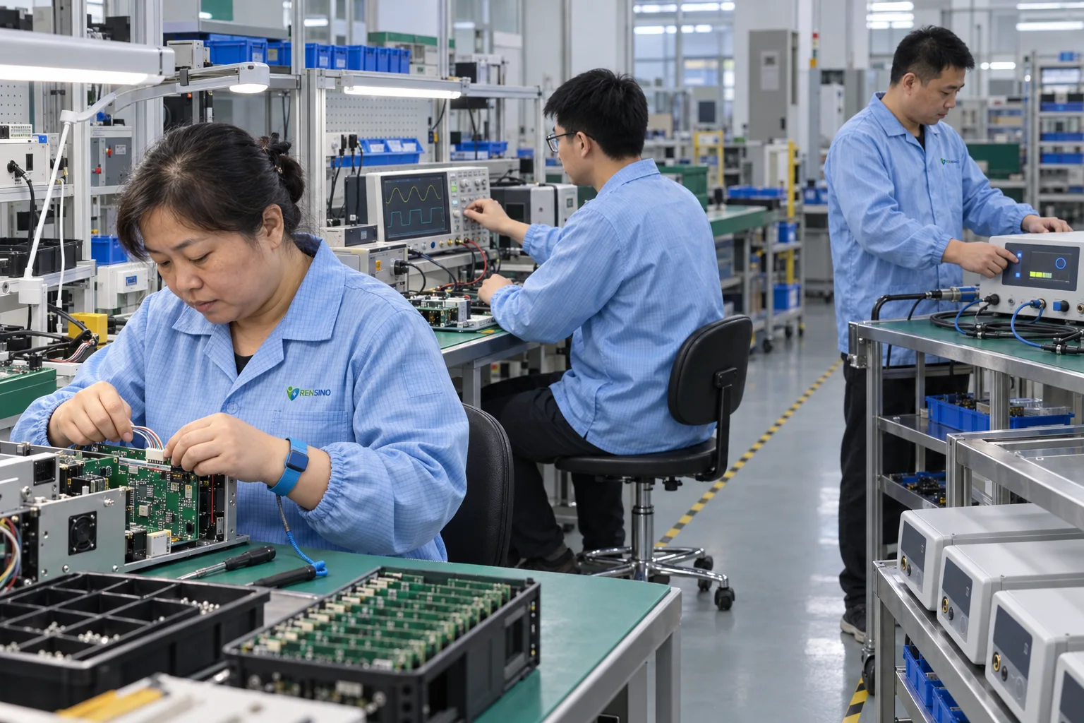 Chinese technicians assembling and testing surgical equipment electronics