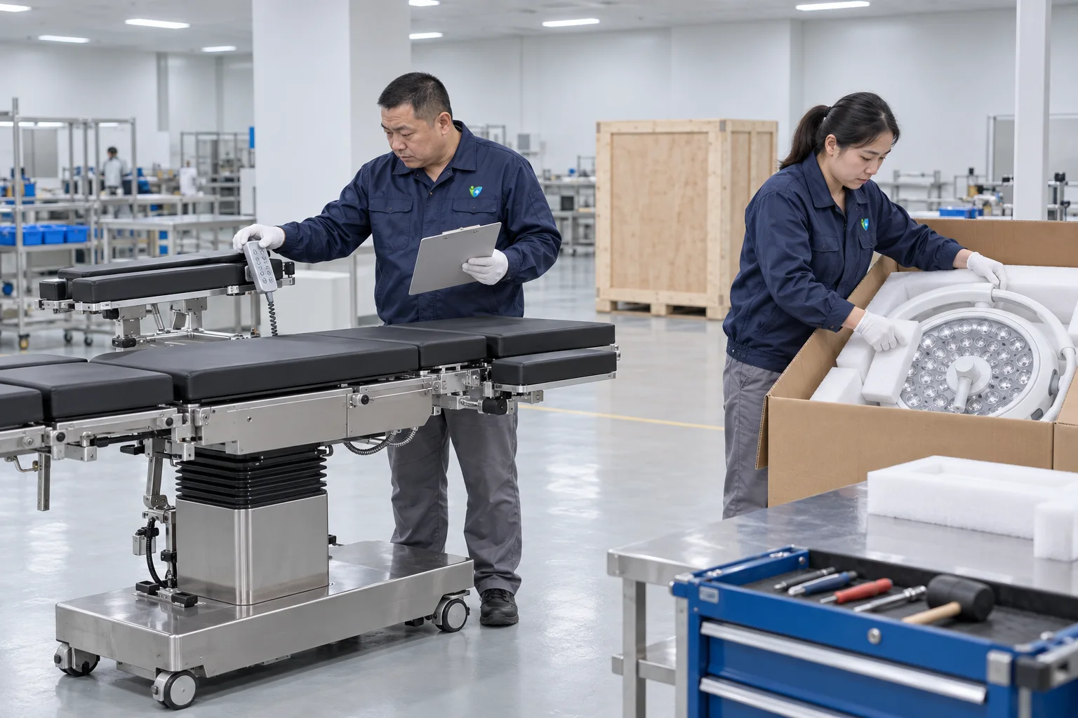 Chinese technicians performing final quality control and protective packing