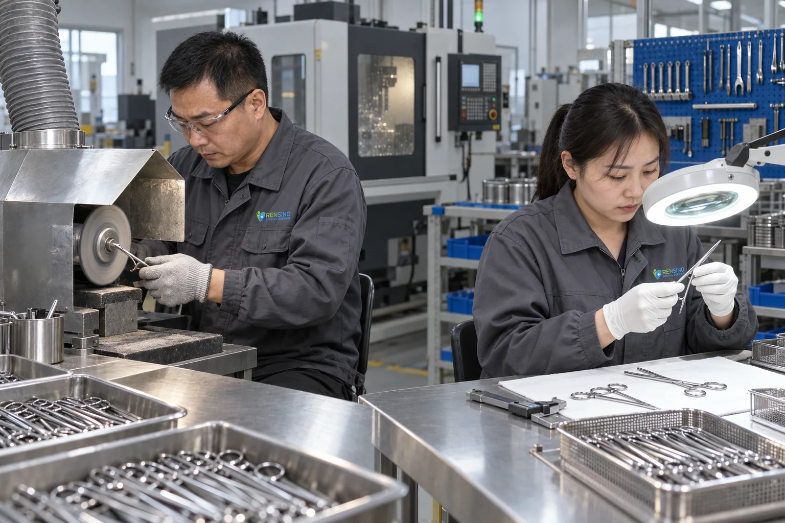 Chinese technicians finishing and inspecting stainless steel surgical instruments