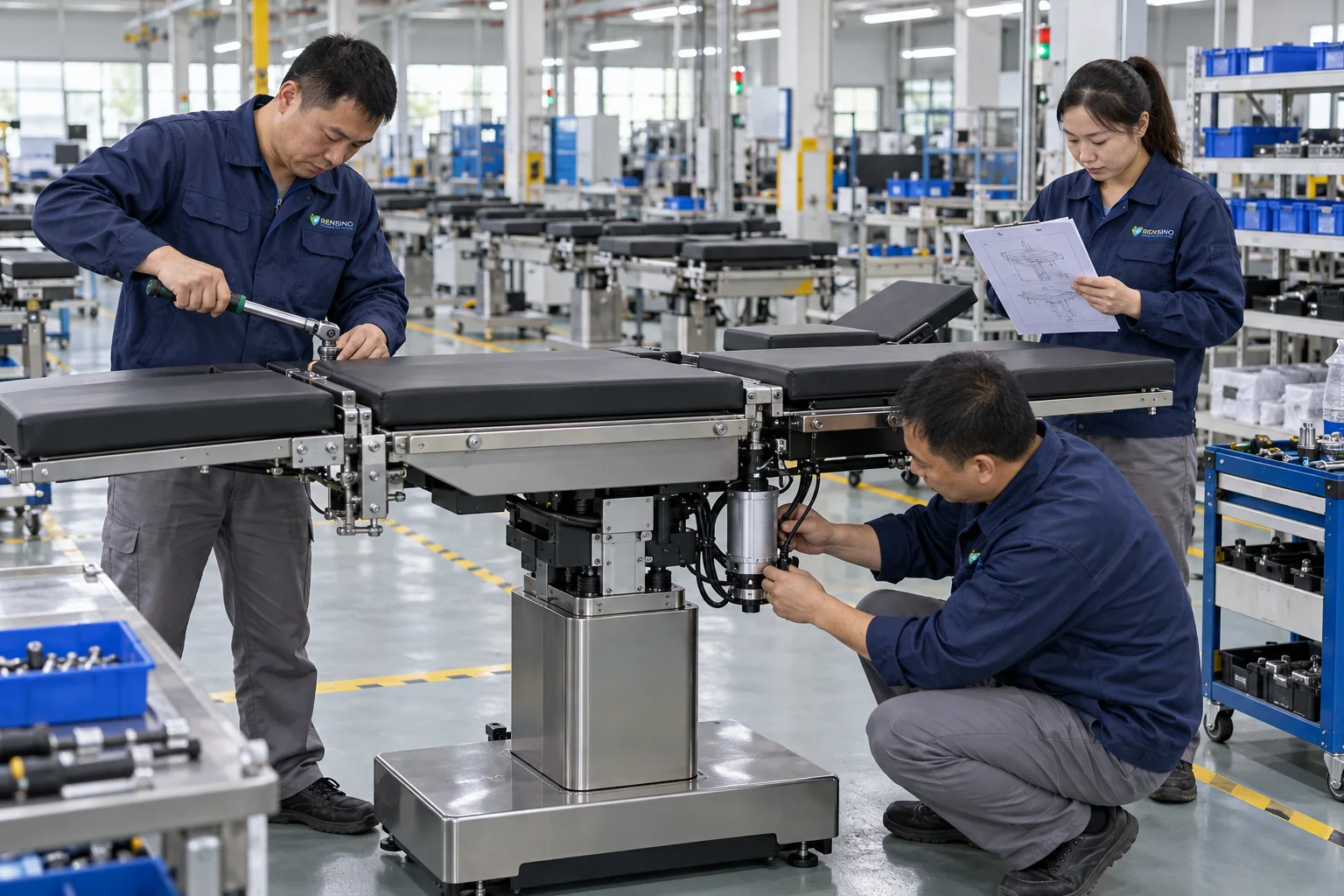 Chinese technicians assembling an electric surgical operating table