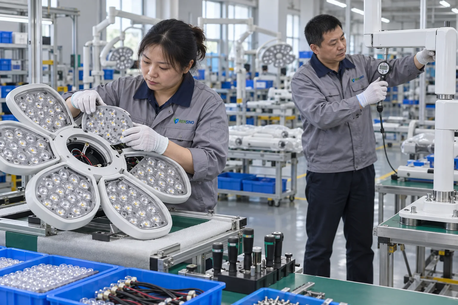 Chinese technicians assembling and testing LED surgical lights